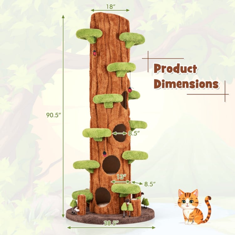 Tall 90.5-inch multifunctional cat tree in brown with private condos, sisal scratching panel, and multiple jumping.