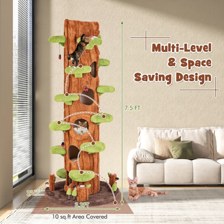 90.5-inch tall multifunctional cat tree in brown with private condos, sisal scratching panel, and multiple jumping.