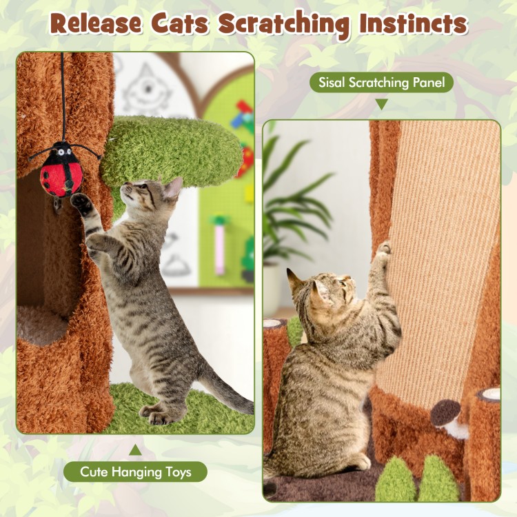 Multifunctional 90.5-inch cat tree featuring sisal scratching panel and cozy condos for indoor cats in brown.