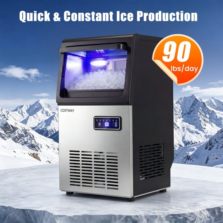 Commercial nugget ice maker with stainless steel housing, producing 90 lbs/day, ideal for kitchens and bars.