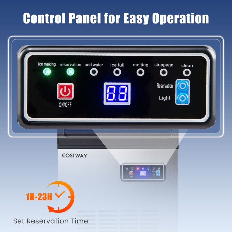 Control panel of the 90 LBS/24H commercial nugget ice maker with intuitive buttons and LED display for easy operation.