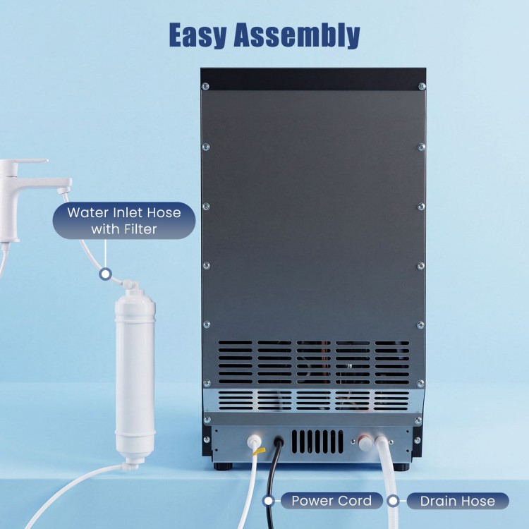Back view of the 90 LBS/24H commercial nugget ice maker showing water inlet hose, power cord, and drain hose for easy.