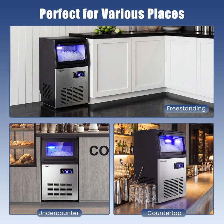 Freestanding commercial nugget ice maker with stainless steel housing, intuitive control panel, ideal for kitchens and.