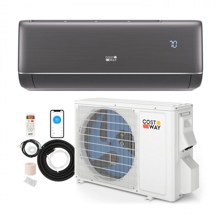 GreyVolt 9100 BTU mini split AC system with indoor and outdoor units, WiFi enabled, for efficient cooling and heating.
