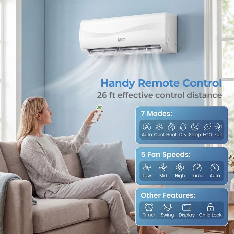 Mini split air conditioner with heat pump, remote control, and 4-in-1 design for efficient cooling and heating.