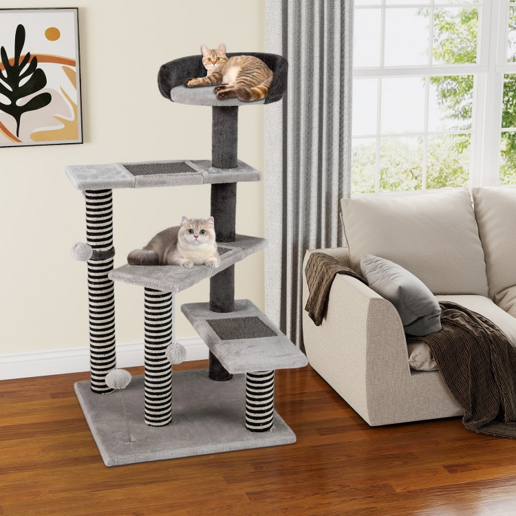 Cat tree with three platforms, sisal scratching posts, and plush fabric, perfect for lounging and climbing.