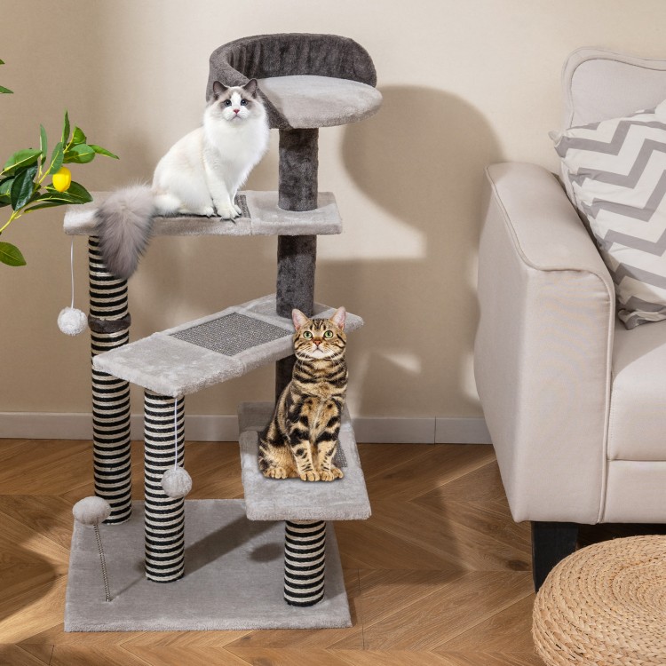 Cat tree with three platforms, sisal scratching posts, and plush fabric, perfect for multi-pet play and lounging.
