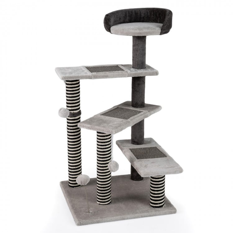 Tall gray cat tree with cozy top perch, sisal scratching posts, and playful dangling balls for multi-pet fun.