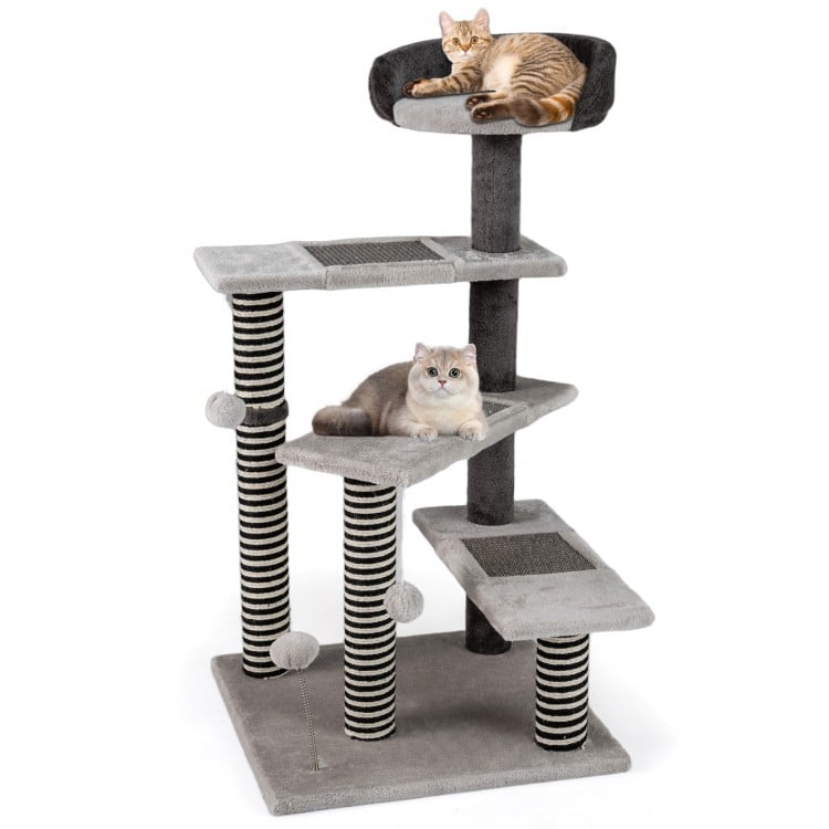 Cat tree with three platforms, sisal scratching posts, and plush top perch for lounging, ideal for multi-pet use.