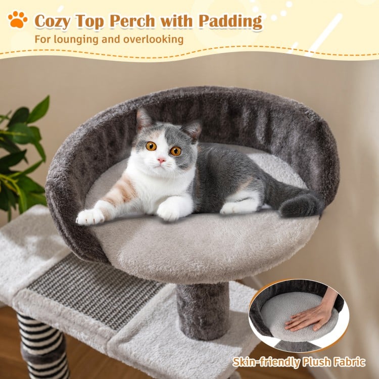 Cozy top perch with thick padding on a gray cat tree, perfect for lounging and overlooking for playful cats.