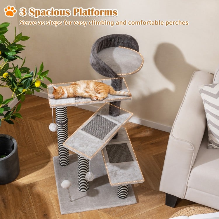 Cat tree with three spacious platforms, soft plush fabric, and sisal scratching posts for climbing and lounging.