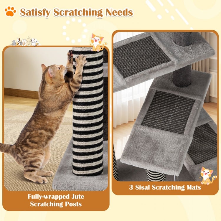 Cat tree featuring fully-wrapped jute scratching posts and sisal mats, designed for climbing and scratching needs.