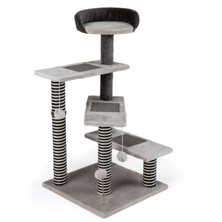 Tall gray cat tree with plush platforms, sisal scratching posts, and cozy top perch for climbing and lounging.