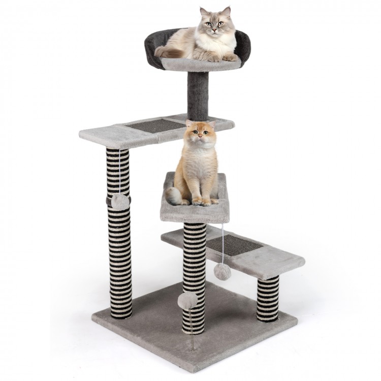 Tall gray cat tree featuring three platforms, sisal scratching posts, and a cozy top perch for lounging and play.
