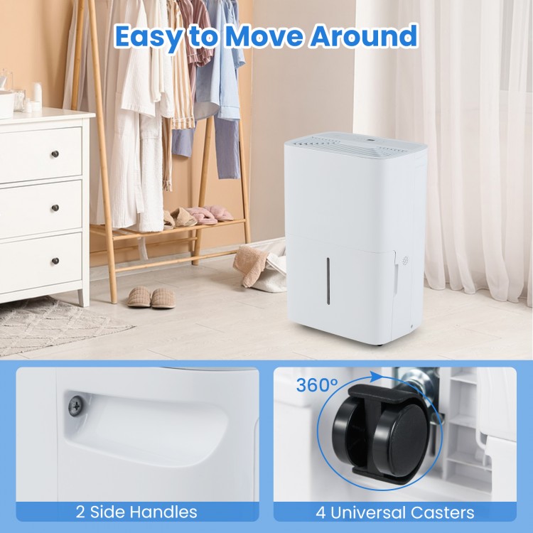 Dehumidifier with 4 universal casters and 2 side handles for easy mobility, featuring a large water tank and LED.