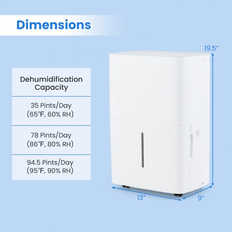 Dimensions of the 94.5 Pints Dehumidifier, featuring a large water tank and LED display for efficient humidity control.
