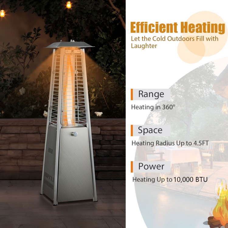 Portable stainless steel tabletop patio heater with glass tube, 10,000 BTU, 360° heating for outdoor gatherings.