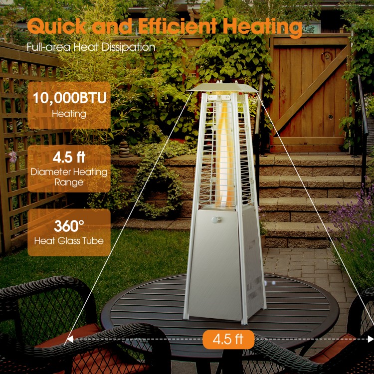 Compact 10,000 BTU stainless steel tabletop patio heater with glass tube, offering 4.5 ft heating radius for cozy.
