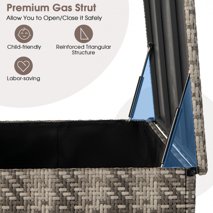Close-up of the premium gas strut on the 96-gallon gray PE wicker outdoor storage box for safe opening and closing.