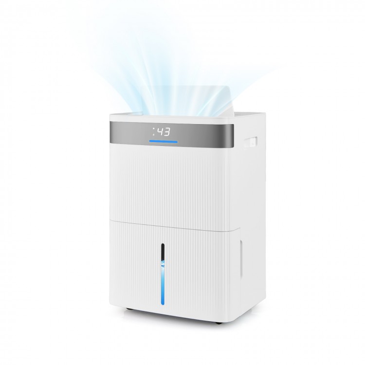 96 pints dehumidifier in white with smart touch control, 3-color indicator, and 24-hour timer for efficient humidity.