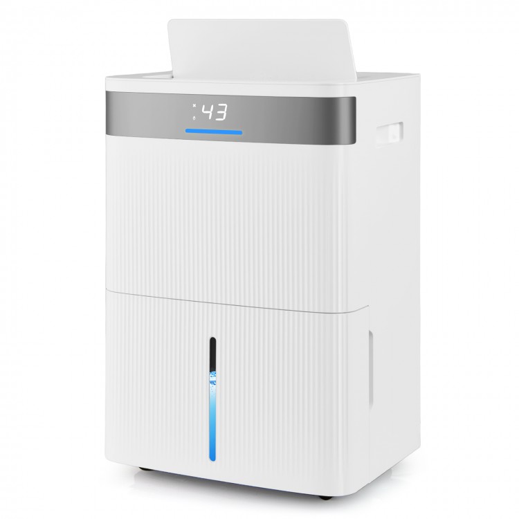 Large water tank of the 96 pints dehumidifier with visible window and handle for easy monitoring and drainage.