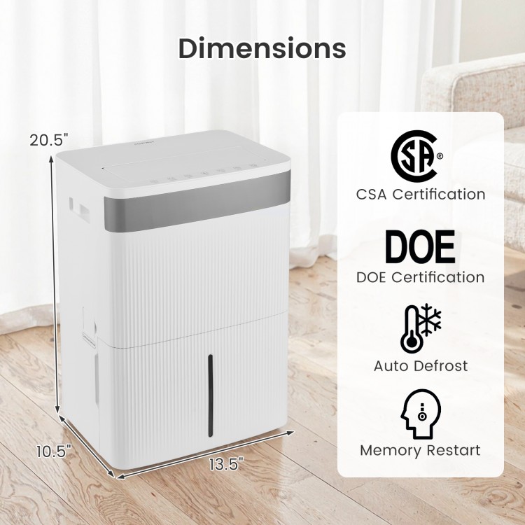 96 pints dehumidifier in white with smart touch control, 24-hour timer, and 3-color humidity indicator for home use.