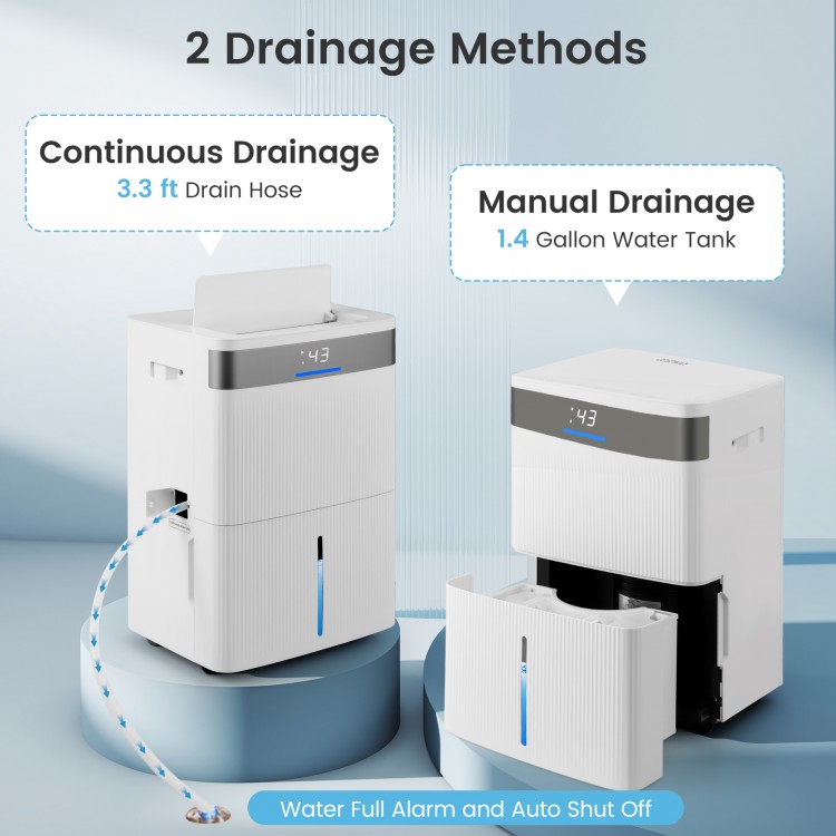 Dehumidifier with 3-color indicator and 1.4-gallon water tank, featuring manual and continuous drainage options.