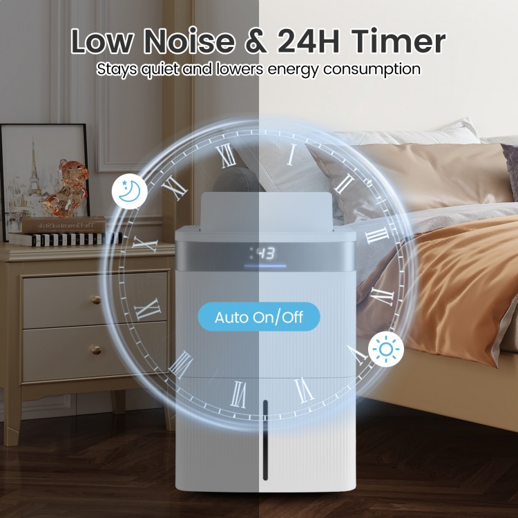 96 pints dehumidifier with 24-hour timer and smart touch control, designed for quiet operation and easy mobility.
