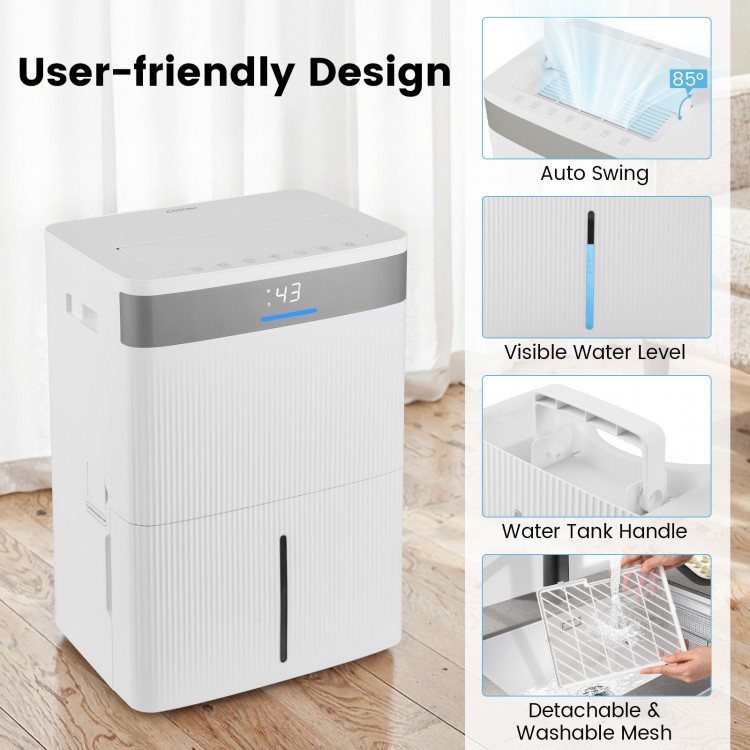 96 pints dehumidifier with smart touch control, 3-color indicator, and large water tank for efficient humidity control.