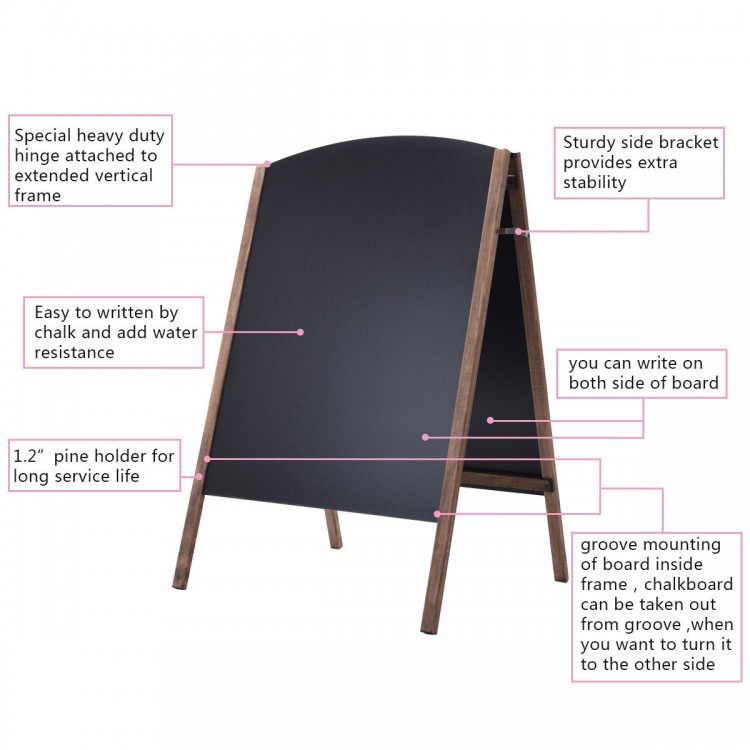 Double-sided 40-inch wood A-frame chalkboard with a sturdy frame, ideal for sidewalk signage and event announcements.