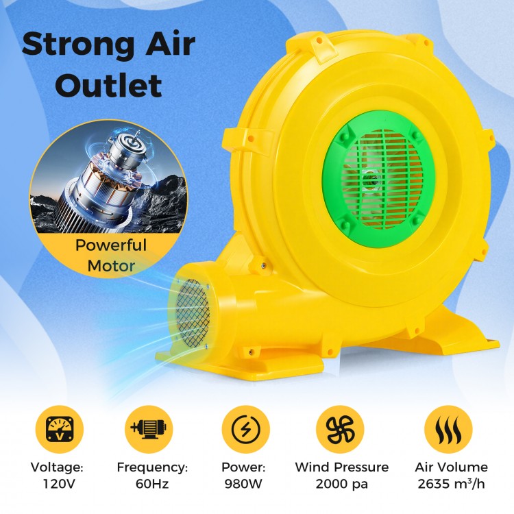 Portable 980W bounce house blower with strong air outlet, 2000 pa wind pressure, and integrated handle for easy use.