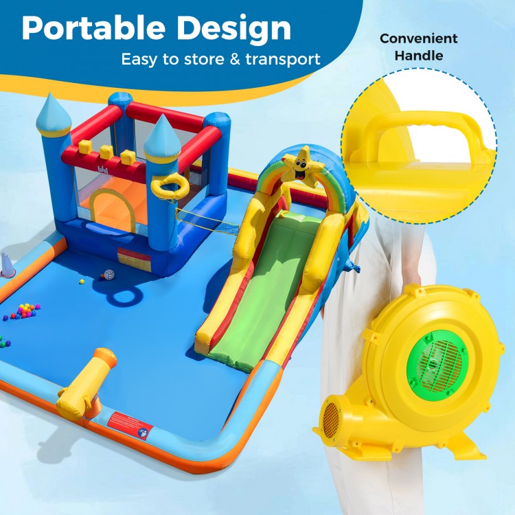 980W portable air pump fan with handle, designed for quick inflation of bounce houses and inflatables, featuring safety.