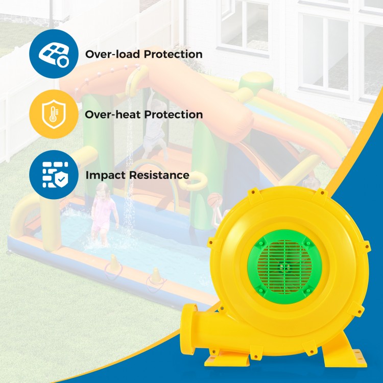 Yellow 980W bounce house blower with over-load protection, portable design, and impact-resistant housing for quick.