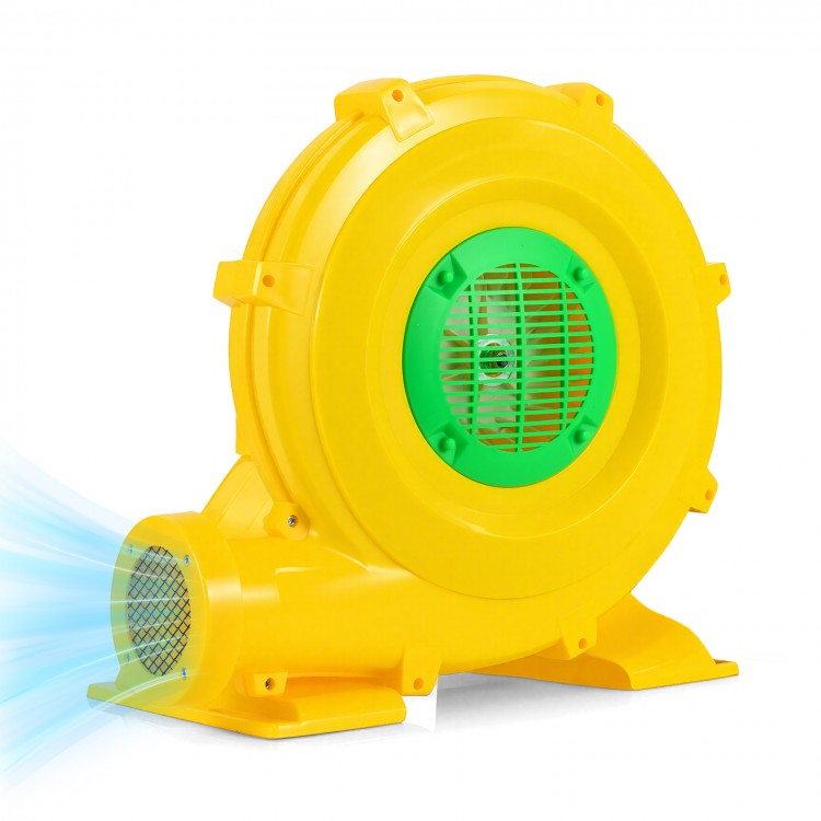 Portable 980W bounce house blower in yellow with handle, designed for quick inflation of inflatables and safety.