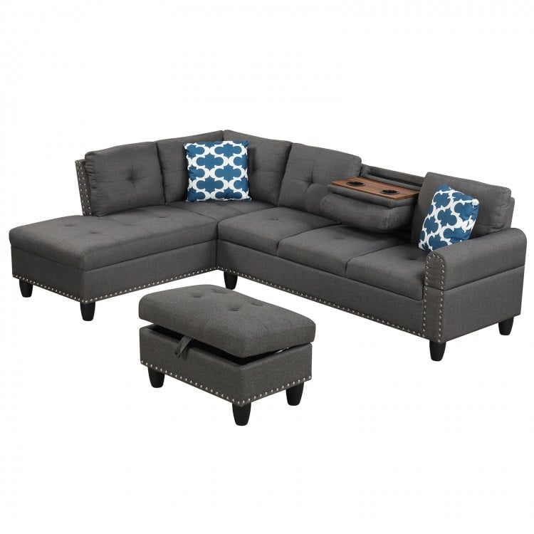 L-shaped 98-inch sectional sofa in gray linen with movable storage ottoman and two cup holders for convenient.