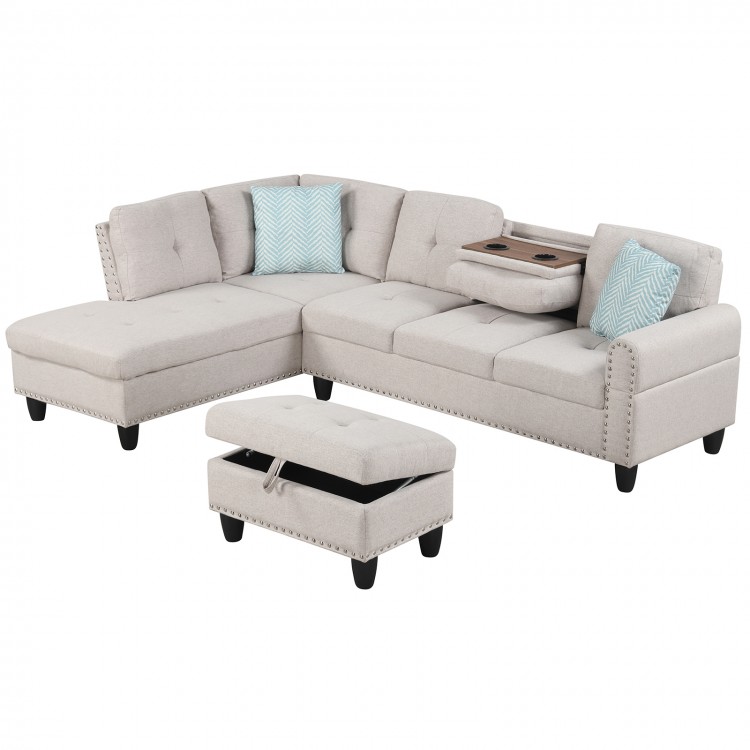 L-shaped sectional sofa with movable storage ottoman, linen fabric, and cup holders for comfortable seating for four.