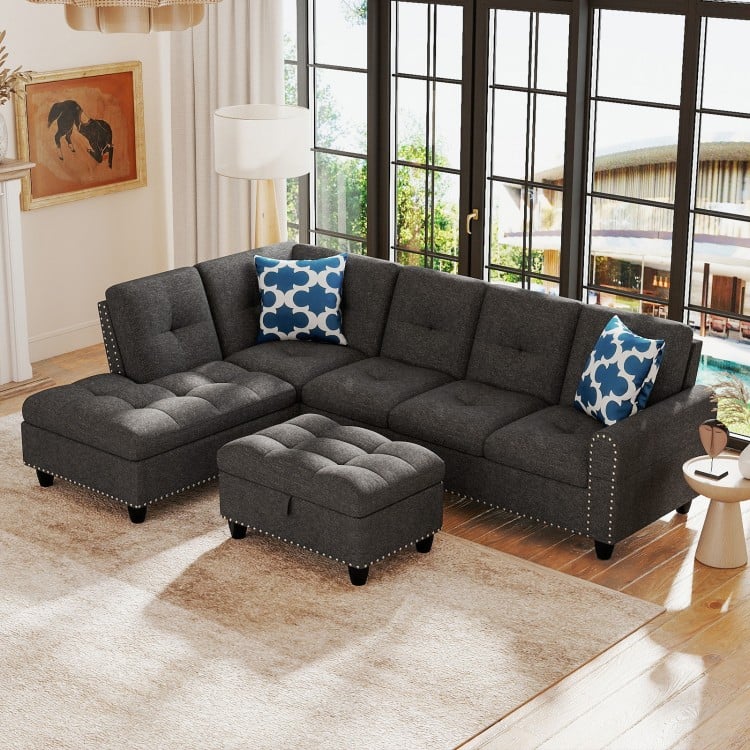 L-shaped 98-inch sectional sofa in dark gray linen fabric with movable storage ottoman, perfect for cozy living rooms.