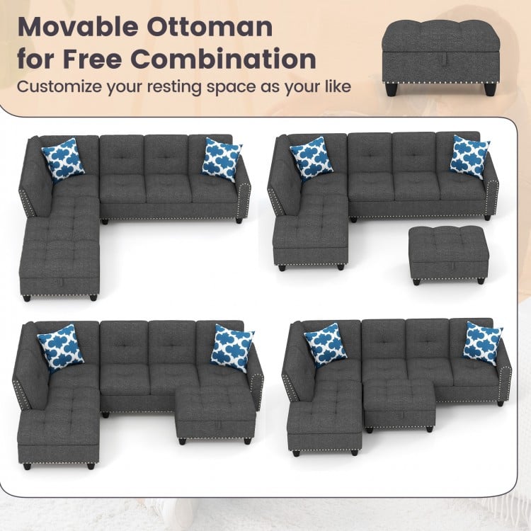 L-shaped 98-inch sectional sofa with movable storage ottoman, linen fabric, and comfy pillows for versatile seating.