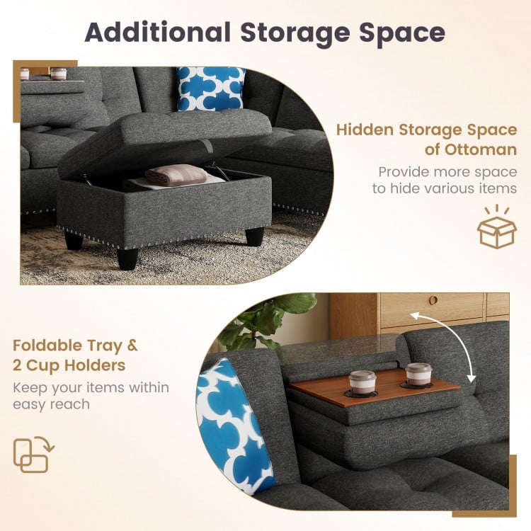 Movable ottoman with hidden storage and foldable tray, part of a 98-inch sectional sofa for added convenience.