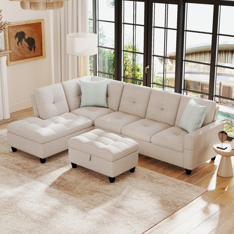 L-shaped 98-inch sectional sofa with movable storage ottoman, linen fabric, and comfy pillows for cozy relaxation.