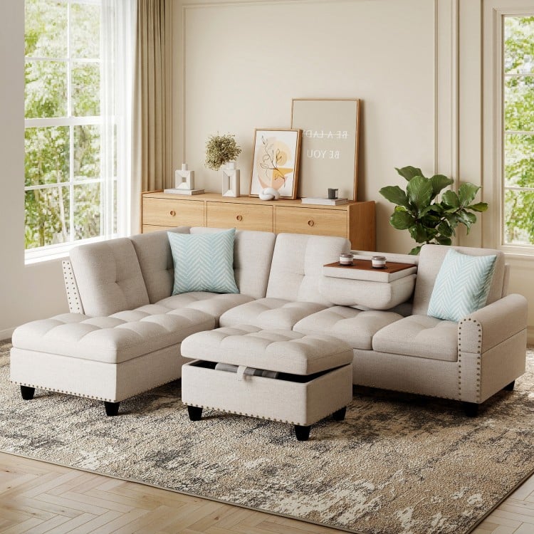 L-shaped 98-inch sectional sofa with movable storage ottoman, linen fabric, and comfy pillows for cozy seating.