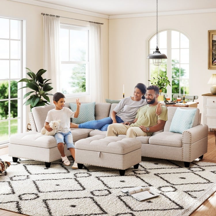 L-shaped sectional sofa with movable storage ottoman, linen fabric, and cozy pillows for family relaxation in a bright.