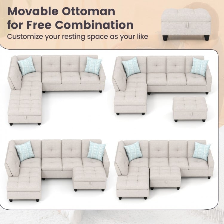 L-shaped sectional sofa with movable storage ottoman, linen fabric, and comfy pillows for versatile seating and.