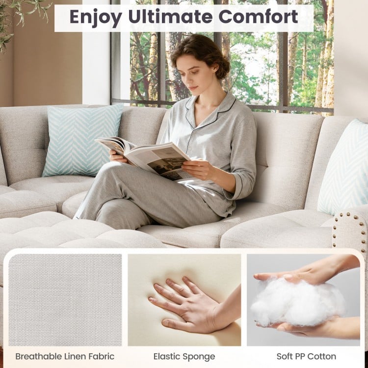 L-shaped 98-inch sectional sofa with breathable linen fabric, elastic sponge cushions, and movable storage ottoman for.