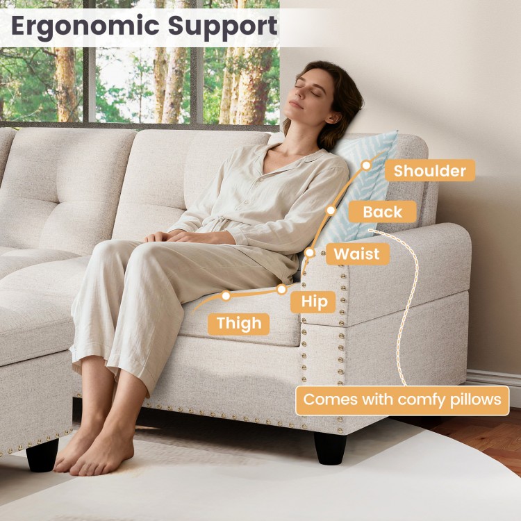 L-shaped sectional sofa with ergonomic support, featuring comfy pillows and a movable storage ottoman for versatile use.