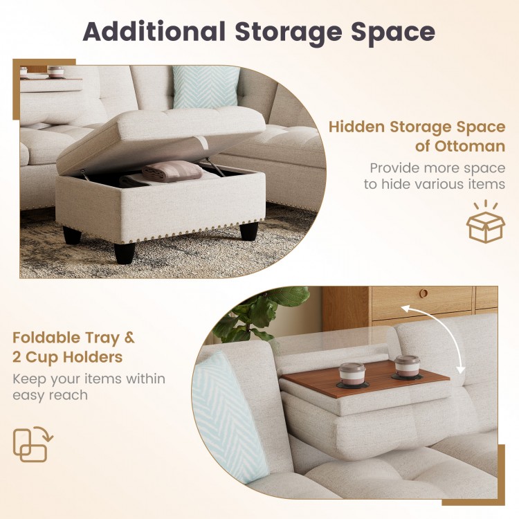 Movable storage ottoman with hidden space, foldable tray, and cup holders for the 98-inch sectional sofa couch.