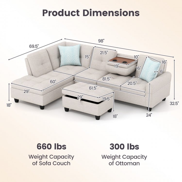 L-shaped sectional sofa with movable storage ottoman, linen fabric, and dimensions for spacious seating and comfort.