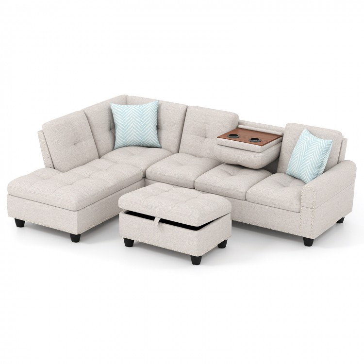 L-shaped sectional sofa with movable storage ottoman, linen fabric, and foldable tray for convenient coffee access.