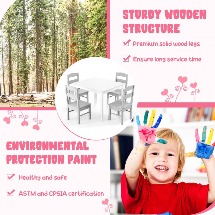 Kids 5-piece white table and chair set with sturdy wooden legs, perfect for playroom activities and safe for toddlers.