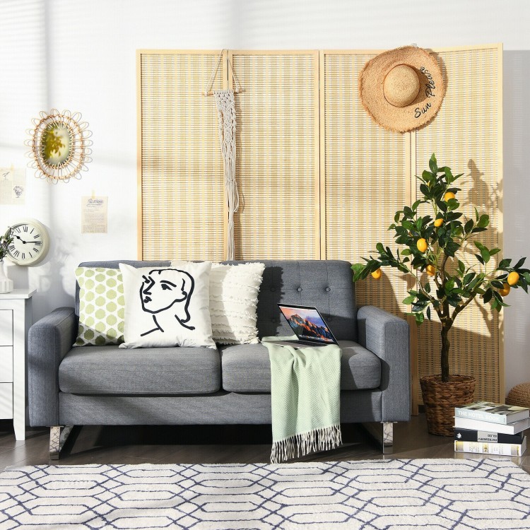 Portable folding room divider screen in natural finish, featuring sturdy frames and a tightly woven design for optimal.